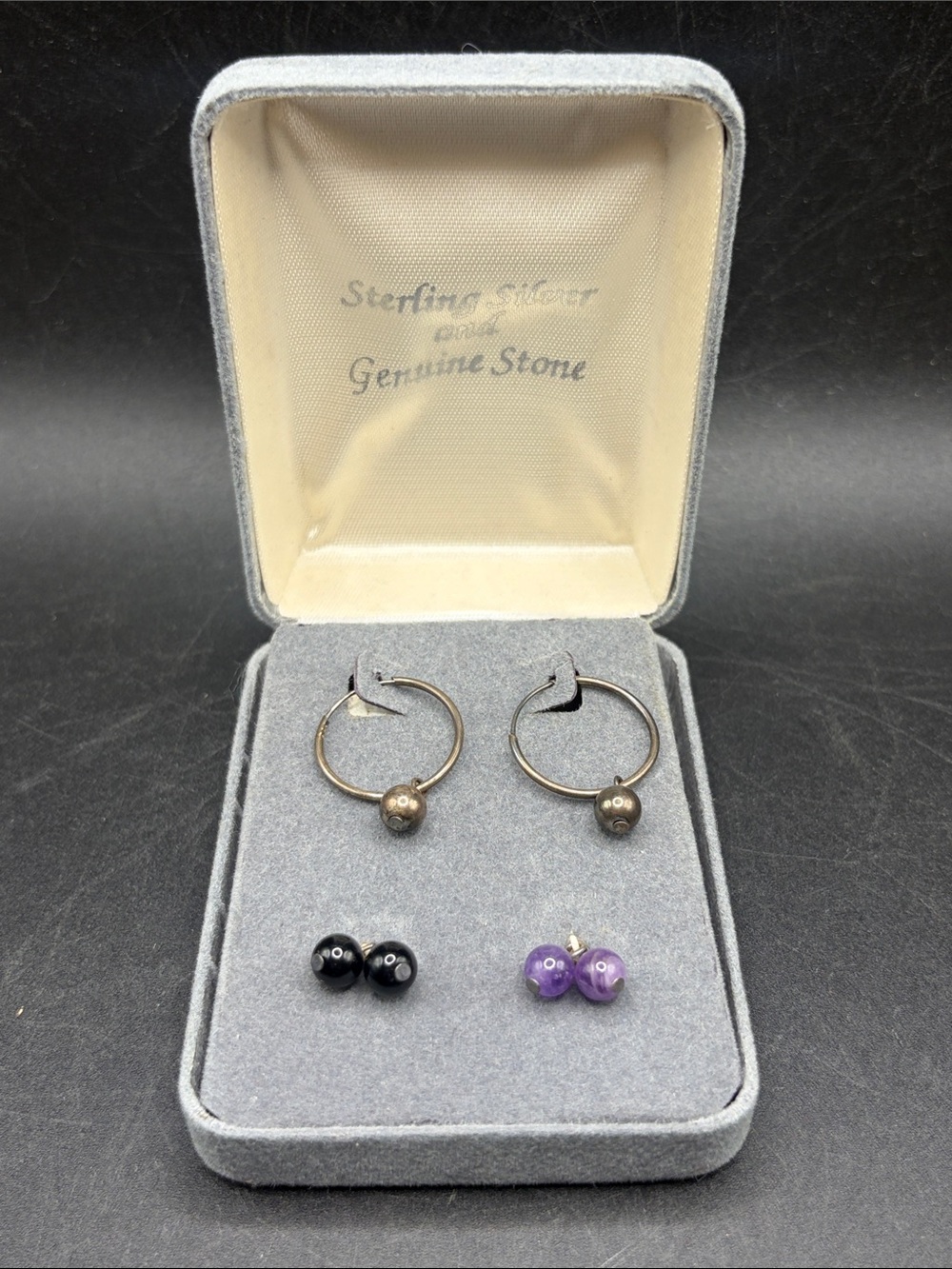 Sterling Silver & Amethyst Black Onyx Genuine Stone Earrings w Gift Box Jewelry